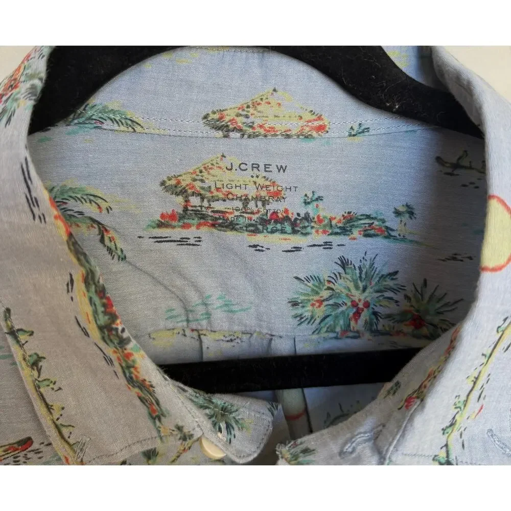 J.CREW Men's Lightweight Cotton Hawaiian Print Chambray Short Sleeve Shirt sz XL